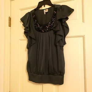 NWOT Lilly Lou black ruffled sleeve sparkle top, S
